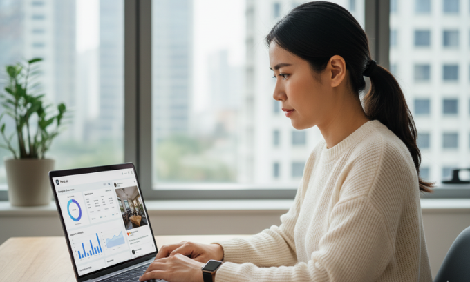 Business owner using Meta AI to automate marketing and customer service tasks