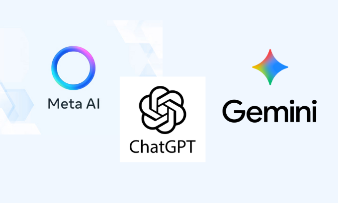 Comparison chart illustration of Meta AI, ChatGPT, and Google Gemini
